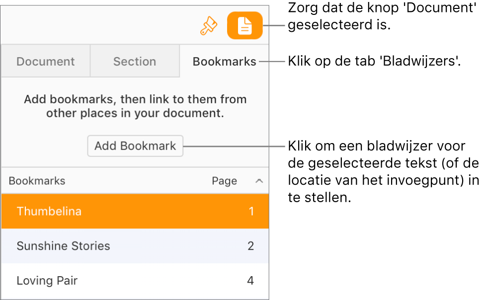 De tab 'Bladwijzers' is geselecteerd in de navigatiekolom 'Document'. De knop 'Voeg bladwijzer toe' verschijnt boven de lijst bladwijzers die al zijn toegevoegd aan het document.