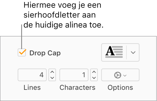 Het aankruisvak 'Sierhoofdletter' is ingeschakeld en rechts ervan staat een pop‑upmenu. Eronder staan regelaars voor het instellen van de regelhoogte, het aantal tekens en andere opties.