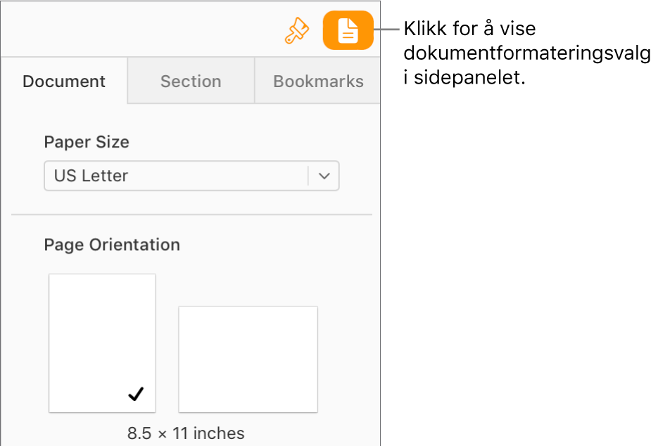 Dokument-knappen er valgt på verktøylinjen, og kontroller for å endre papirstørrelse og sideretning vises på Dokument-fanen i sidepanelet.