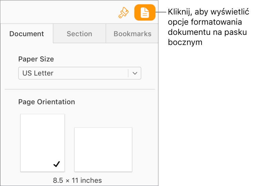 Na pasku narzędzi wybrany jest przycisk Dokument, a na karcie Dokument na pasku bocznym wyświetlane są narzędzia do zmiany rozmiaru i orientacji papieru.