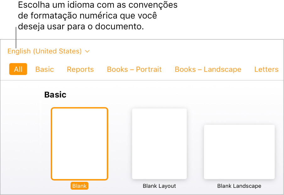 O menu pop-up na lateral superior esquerda do seletor de modelos com inglês (Estados Unidos) selecionado.