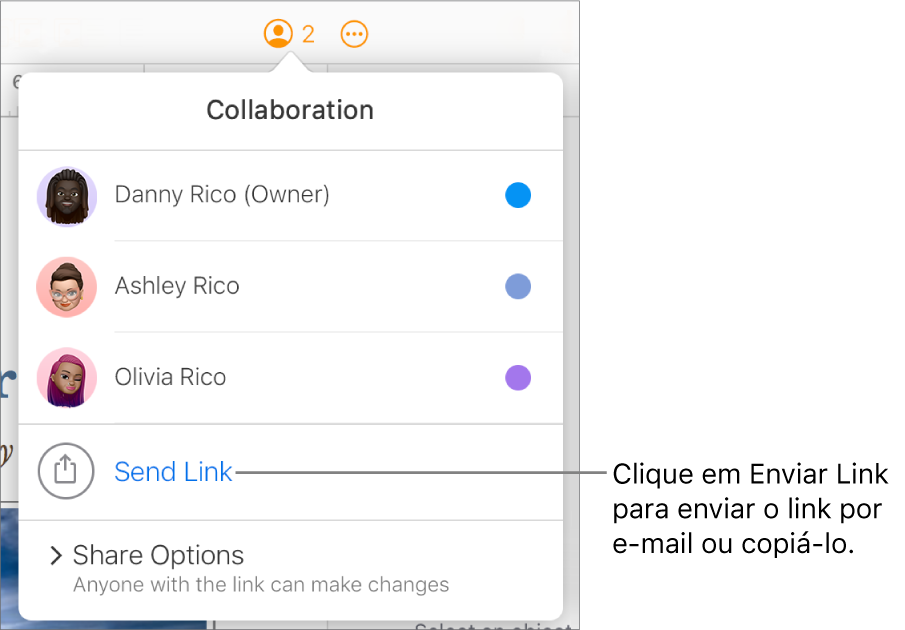 O menu Colaboração aberto, com a opção Enviar Link abaixo da lista de participantes.