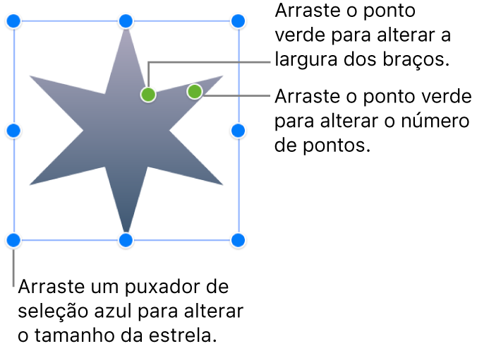 Uma forma de estrela selecionada, com dois pontos verdes que pode arrastar para alterar a largura dos braços e o número de pontos.