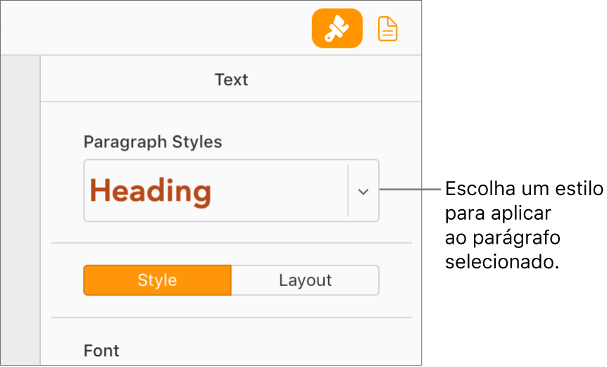 O menu pop-up “Estilos de parágrafo” na barra lateral "Formatação”. O estilo de parágrafo Cabeçalho com tipo de letra negrito, a vermelho, está selecionado.