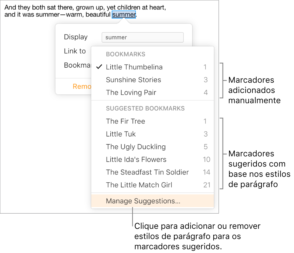 A lista Marcadores com marcadores adicionados manualmente na parte superior e marcadores sugeridos na parte inferior. A opção Gerir sugestões está selecionada na parte inferior do menu pop-up.