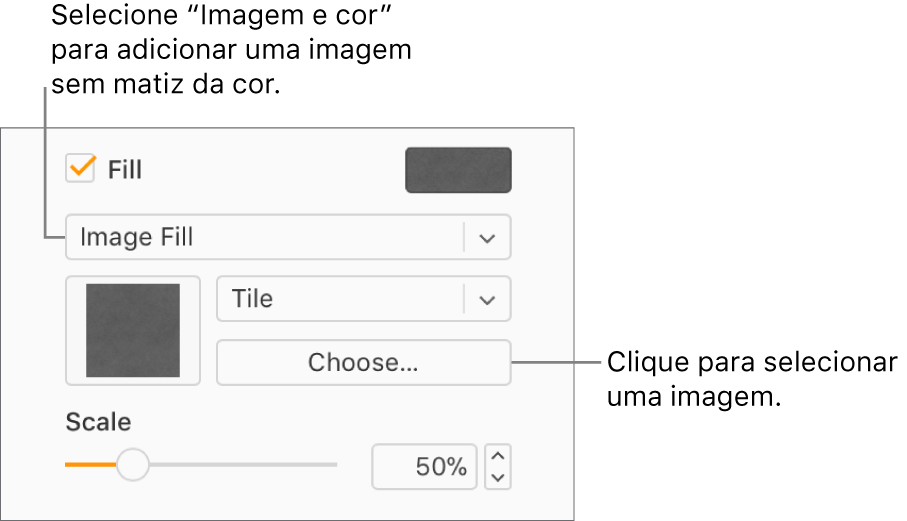A opção Preencher está assinalada na barra lateral e a opção Preenchimento com imagem está selecionada no menu pop-up sob a opção assinalável. Os controlos para selecionar a imagem, a forma como preenche o objeto e a escala da imagem, são apresentados sob o menu pop-up. Uma pré-visualização do preenchimento com imagem aparece no quadrado (após uma imagem ser escolhida).