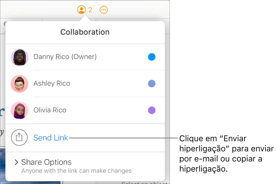 O menu Colaboração abre-se, com a opção Enviar hiperligação sob a lista de participantes.