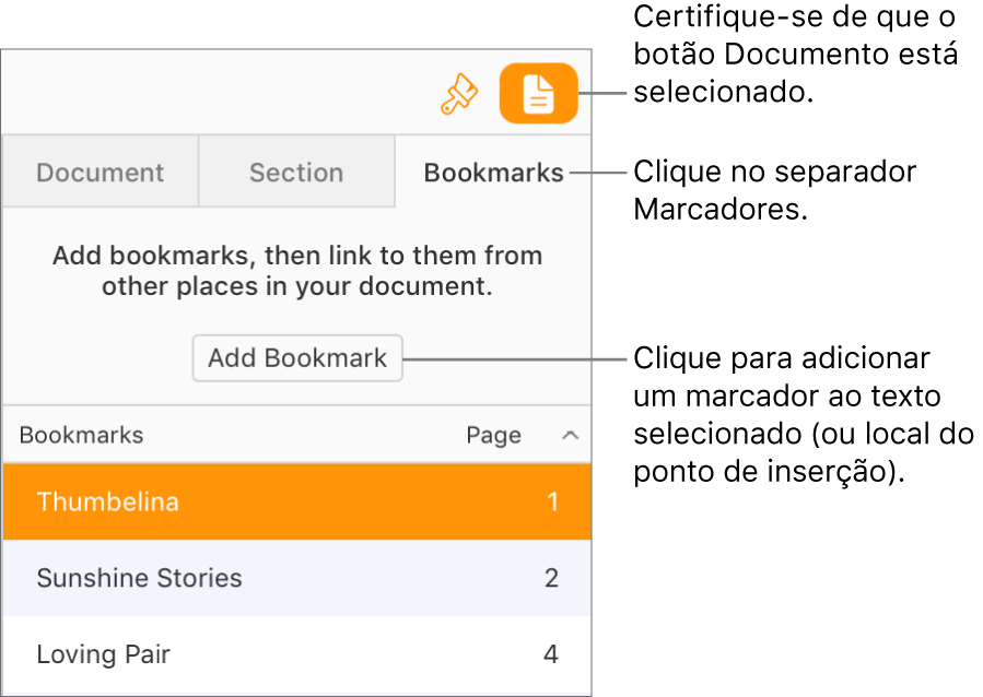 O separador Marcadores está selecionado na barra lateral Documento. O botão Adicionar marcador é apresentado sobre uma lista de marcadores que já foram adicionados ao documento.