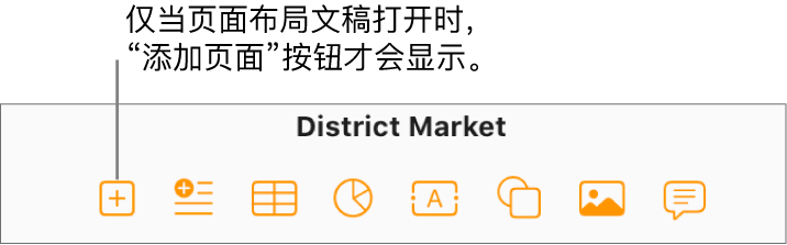 在页面布局文稿的工具栏中，位于中央的“插入”按钮左侧有一个“添加页面”按钮。