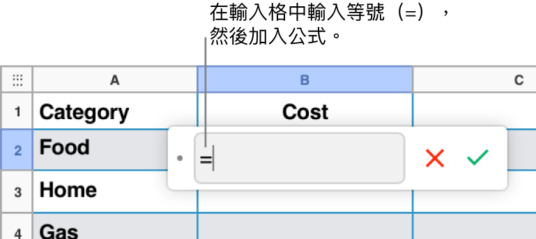 已在公式編輯器中輸入等號（=），但尚未輸入公式。