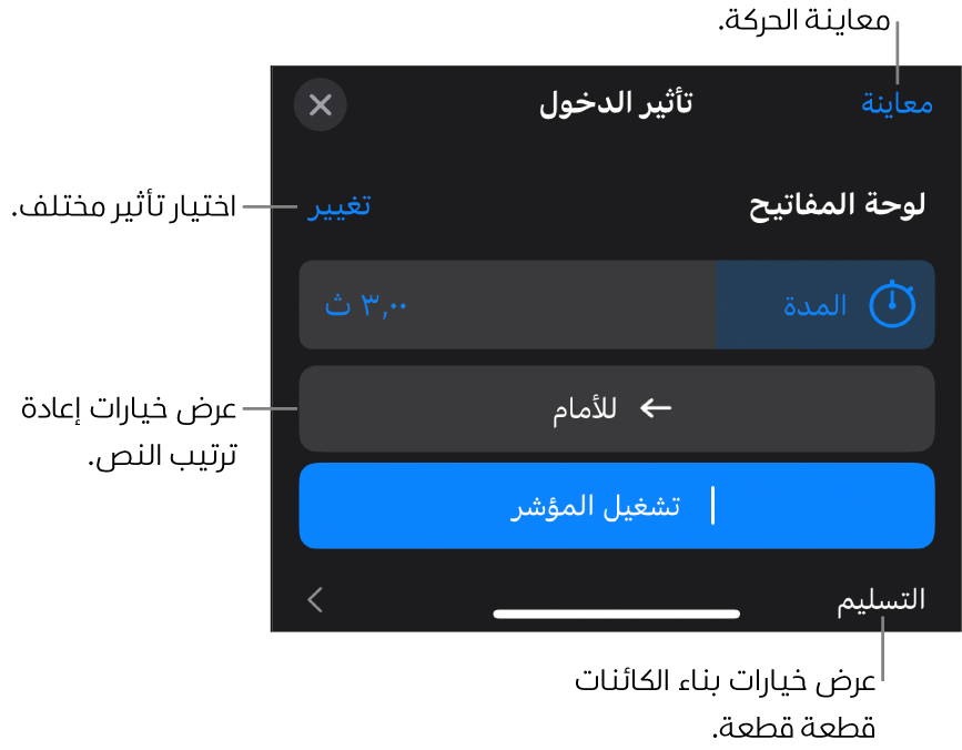 خيارات التأثير تتضمن المدة وحركة النص والتسليم. اضغط على تغيير لاختيار تأثير مختلف، أو اضغط على معاينة لمعاينة التأثير.