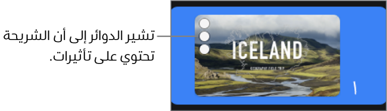 شريحة وفي زاويتها العلوية اليسرى ثلاث دوائر تشير إلى أن الشريحة تحتوي على تأثيرات.