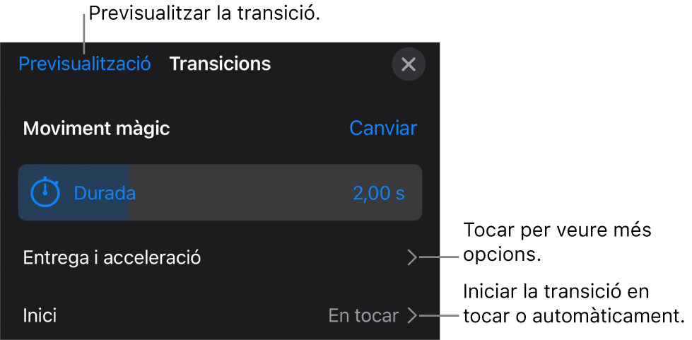 Els controls “Moviment màgic” del tauler Transicions.