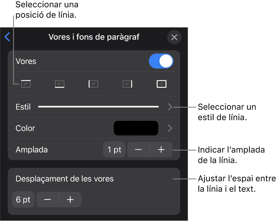 Controls per canviar l’estil, el gruix, la posició i el color de la línia.