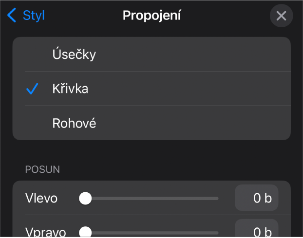 Ovládací prvky Propojení s vybranou volbou Křivka.