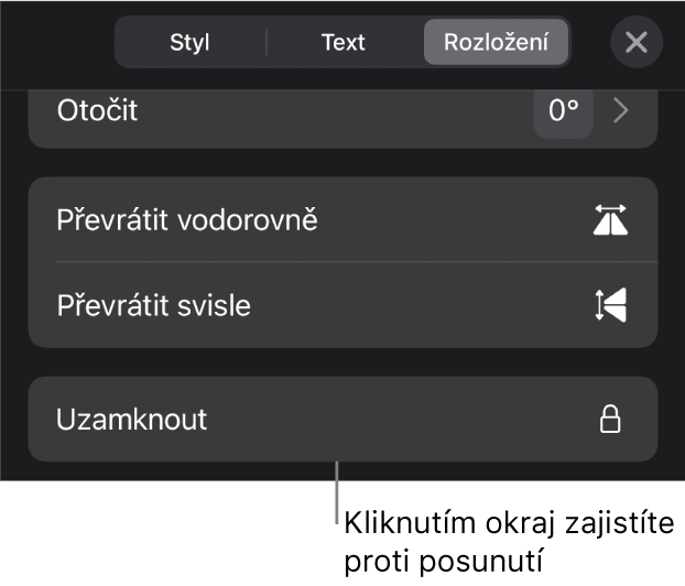 Ovládací prvky pro rozložení v nabídce Formát; vyznačeno je tlačítko Zamknout