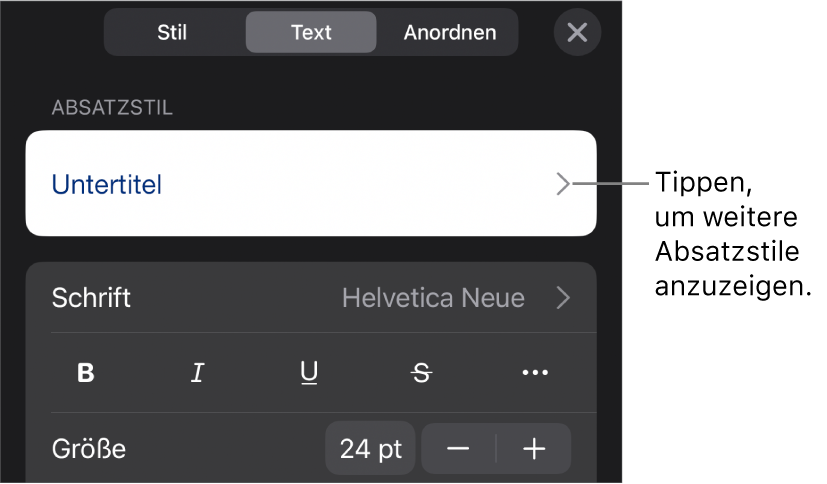 Das Menü „Format“ mit Textsteuerelementen zum Festlegen von Absatz- und Zeichenstilen, Schrift, Größe und Farbe