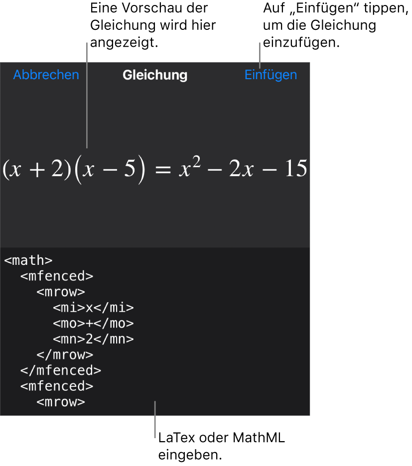 Im Dialogfenster „Gleichung“ wird eine Gleichung angezeigt, die mit MathML-Befehlen geschrieben wurde, darüber wird eine Vorschau der Formel angezeigt.