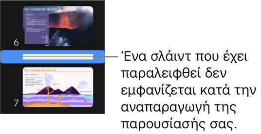 Ο πλοηγός σλάιντ με σλάιντ που παραλείφθηκε και φαίνεται ως οριζόντια γραμμή.