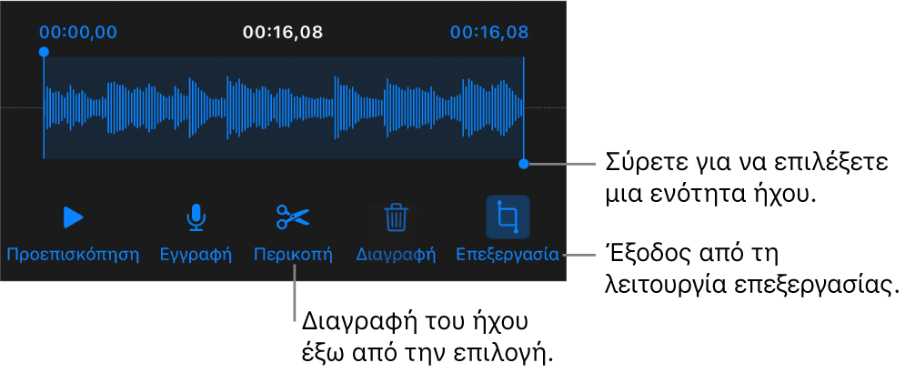 Στοιχεία ελέγχου για επεξεργασία ήχου εγγραφής. Λαβές που υποδεικνύουν την επιλεγμένη ενότητα της εγγραφής και τα κουμπιά «Προεπισκόπηση», «Περικοπή», «Διαγραφή» και «Επεξεργασία» από κάτω.