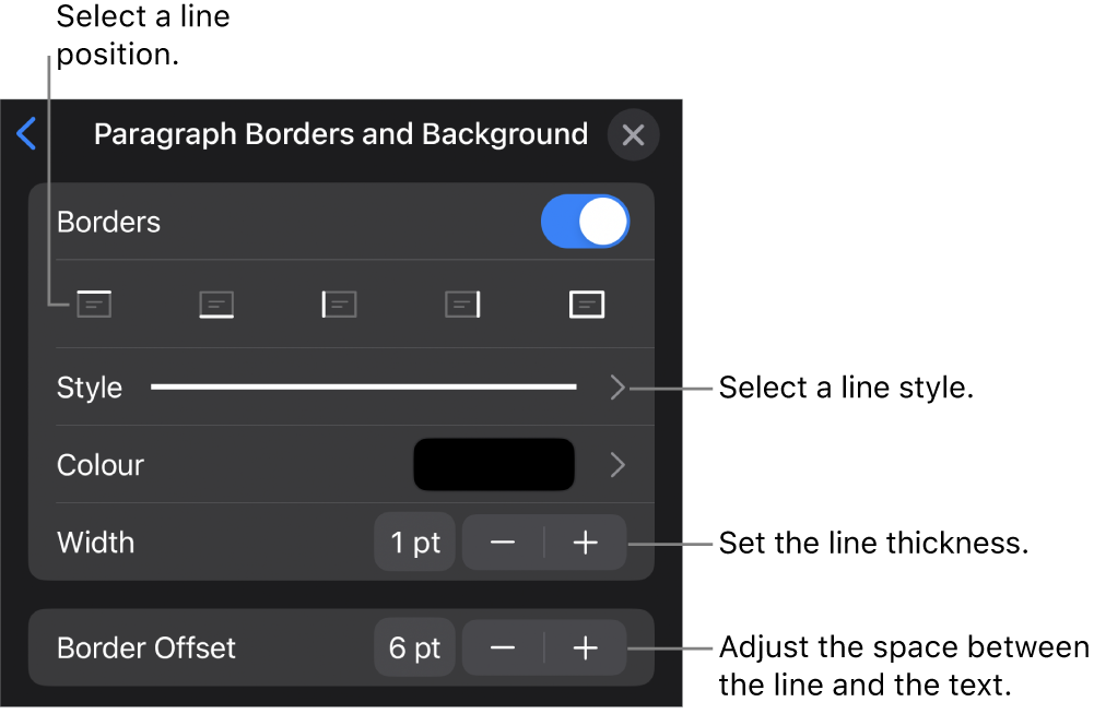 Controls to change the line style, thickness, position and colour.