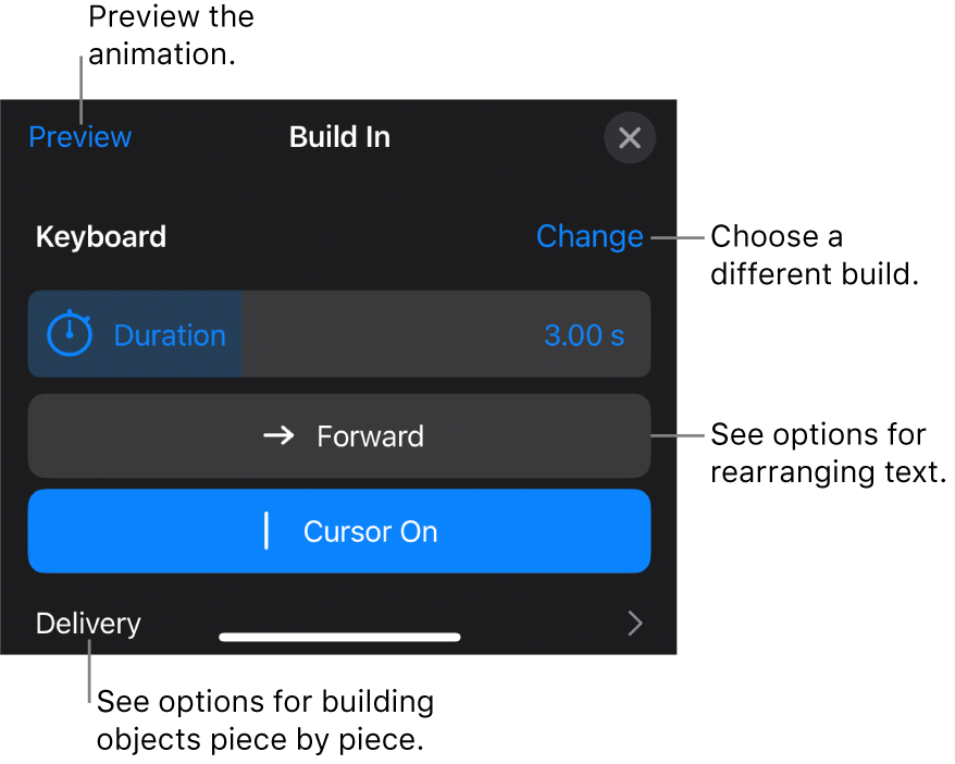 Build options include Duration, Text Animation and Delivery. Tap Change to choose a different build, or tap Preview to preview the build.