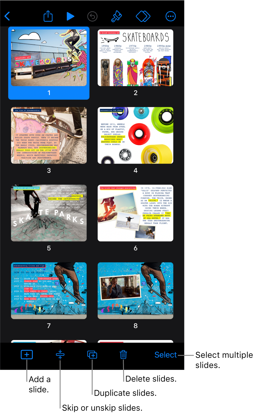 Light table view with buttons at the bottom of the screen for adding, skipping, duplicating and deleting slides, and for selecting multiple slides.