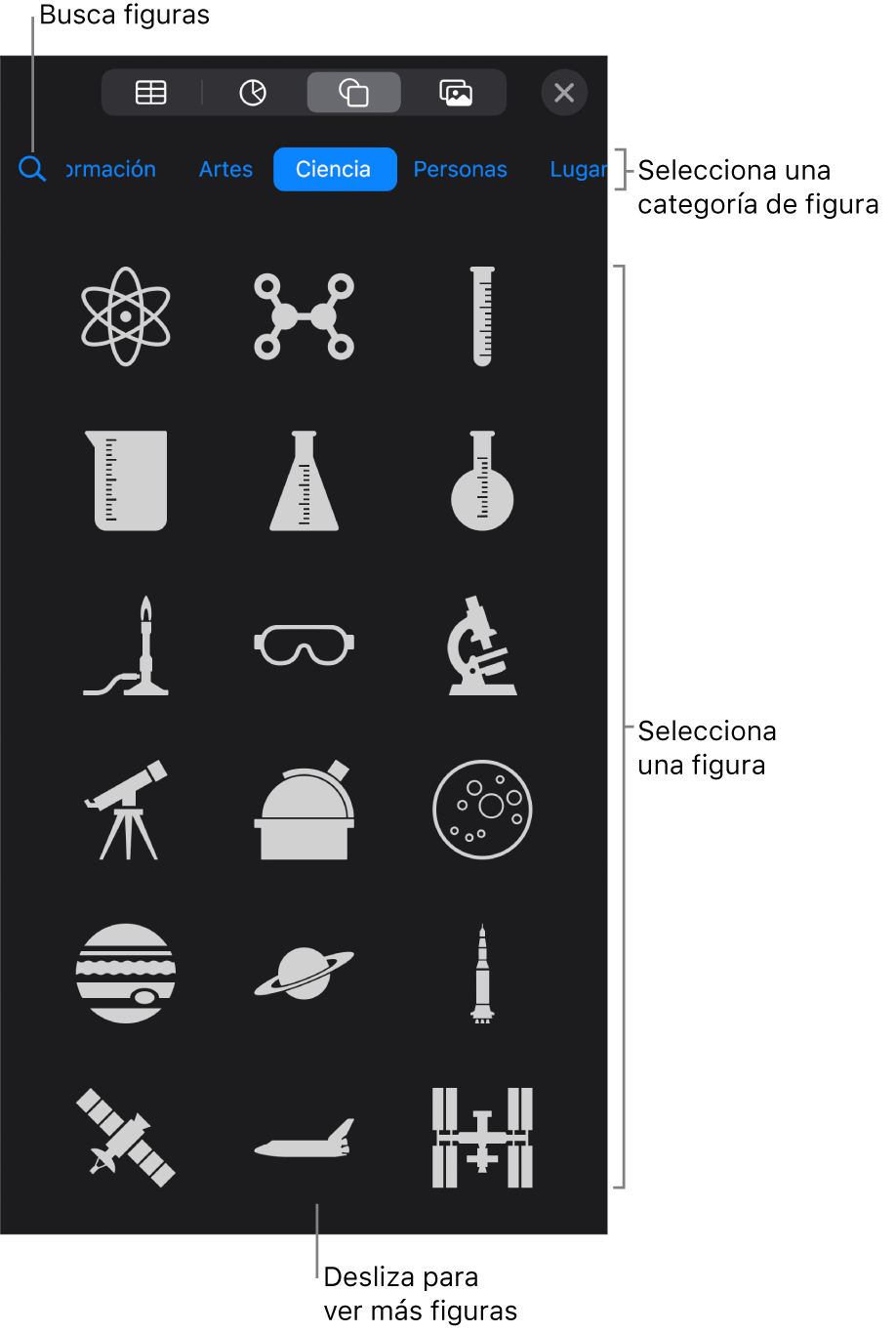 La biblioteca de figuras, con las categorías en la parte superior y las figuras mostradas abajo. Puedes usar el campo de búsqueda de la parte superior para buscar figuras o deslizar para ver más.