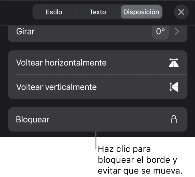 Controles de Disposición en el menú Formato con el botón Bloquear señalado.