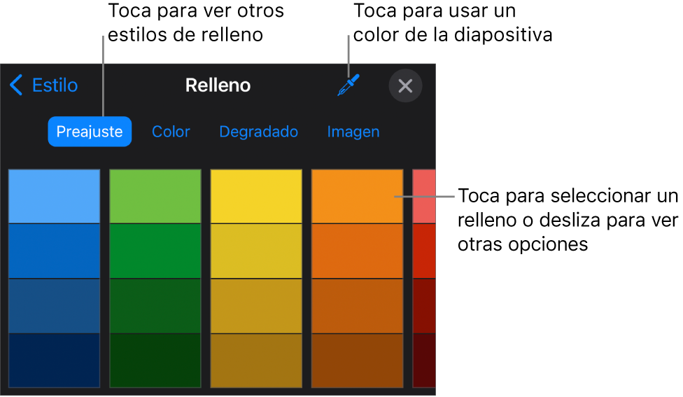 Opciones de Relleno en la pestaña Estilo.