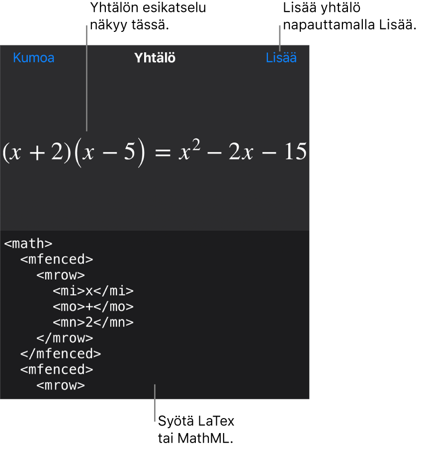 Yhtälö-valintaikkuna, jossa näkyy MathML-komentoja käyttäen syötetty yhtälö, ja yllä kaavan esikatselu.