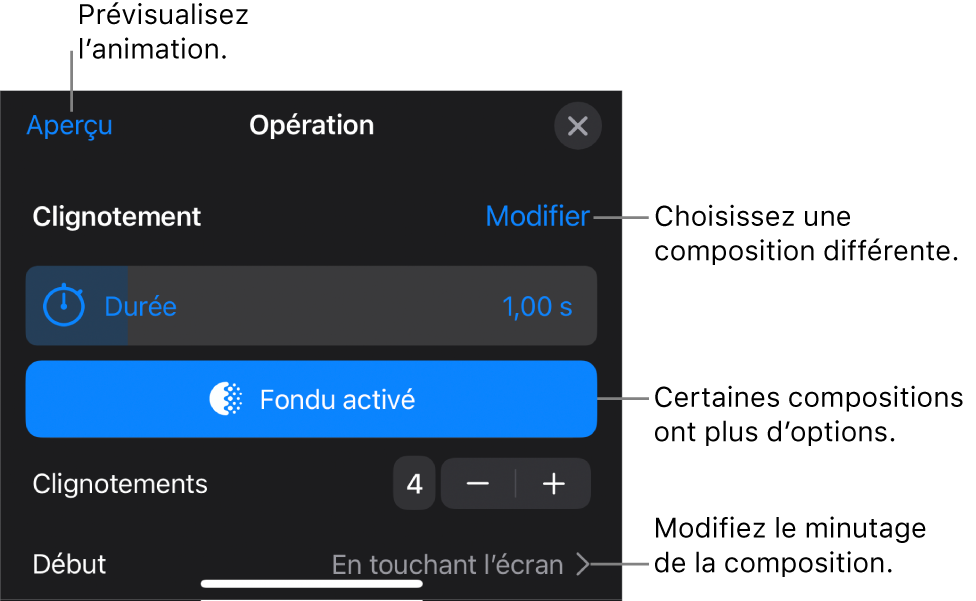 Les options de composition comprennent les minutages Durée et Début. Touchez Modifier pour choisir une composition différente, ou touchez Aperçu pour la prévisualiser.