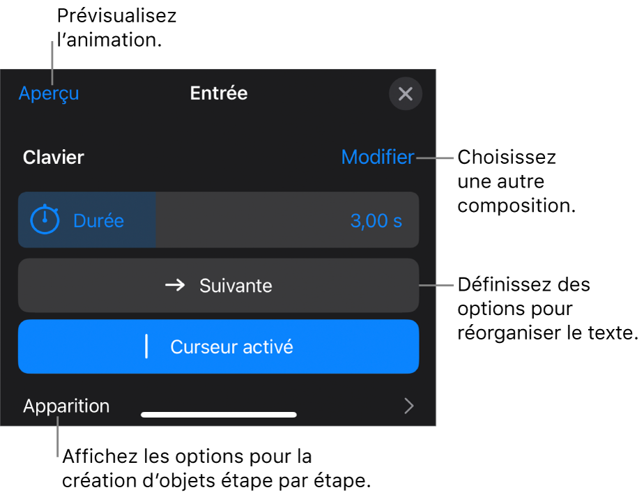 Les options de composition comprennent Durée, Animation du texte et Apparition. Touchez Modifier pour sélectionner une autre composition ou touchez Aperçu pour afficher un aperçu de la composition.