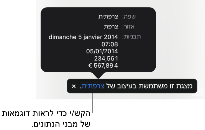 ההודעה לגבי הגדרת השפה והעיצוב השונים, עם דוגמאות של העיצוב בשפה זו ובאזור זה.