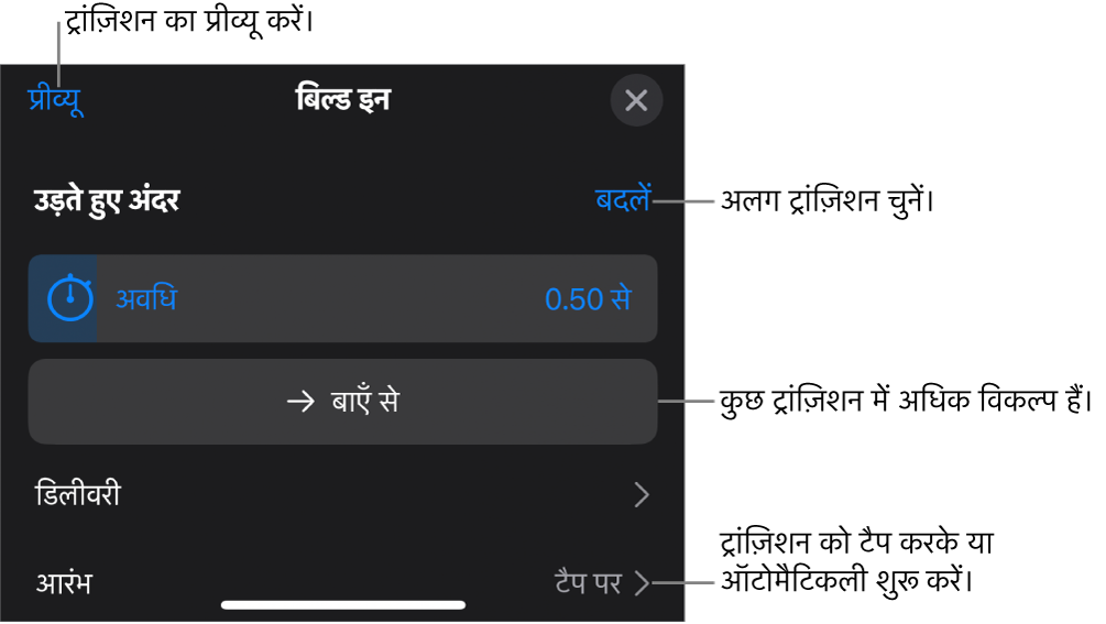 ट्रांज़िशन को संशोधित करने के दौरान विकल्प पेन के नियंत्रण।