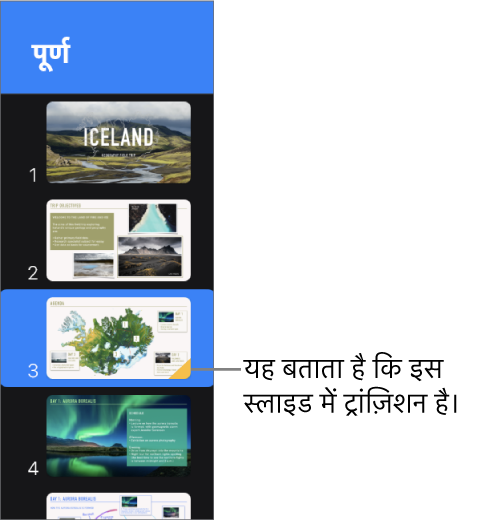 किसी स्लाइड पर पीले रंग का त्रिभुज यह दर्शाता है कि उस स्लाइड पर ट्रांज़िशन लागू है।