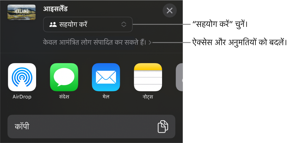 “शेयर करें” मेनू और शीर्ष पर “सहयोग करें” तथा नीचे ऐक्सेस और अनुमतियाँ चुनी हुई हैं।