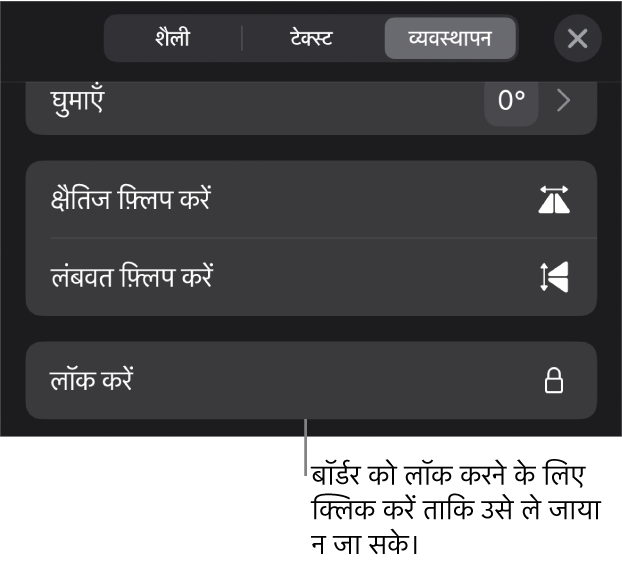 फ़ॉर्मैट मेनू में “व्यवस्थित करें” नियंत्रण, जिसका लॉक बटन कॉल आउट किया गया है।