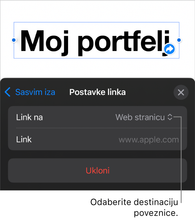 Kontrole Postavke linka s odabranom opcijom Web stranica, tipka Ukloni nalazi se na dnu.