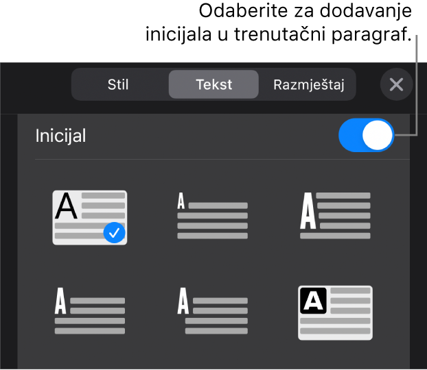 Kontrole opcija Inicijal koje se nalaze u izborniku Tekst.