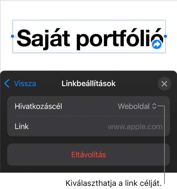 A Linkbeállítások vezérlői a kijelölt Weboldal elemmel, illetve az alul megjelenő Eltávolítás gombbal.