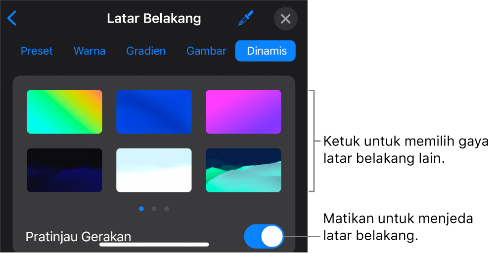 Kontrol latar belakang dinamis dengan gambar mini gaya latar belakang dan tombol Pratinjau Gerakan ditampilkan.