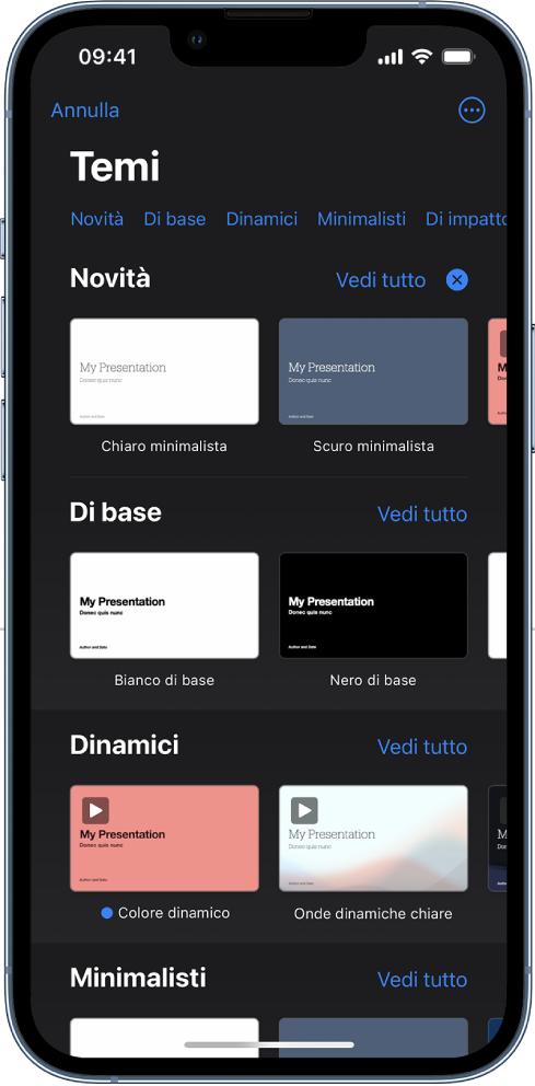  “Scelta temi”, in cui è visibile una riga di categorie nella parte superiore dello schermo che puoi toccare per filtrare le opzioni. Sotto si trovano le miniature di temi predefiniti organizzati in righe per categoria.