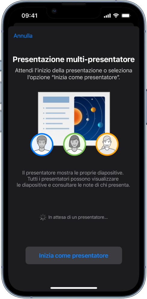 Una finestra con delle presentazioni con più presentazioni. In basso, è presente il tasto “Inizia come presentatore”.