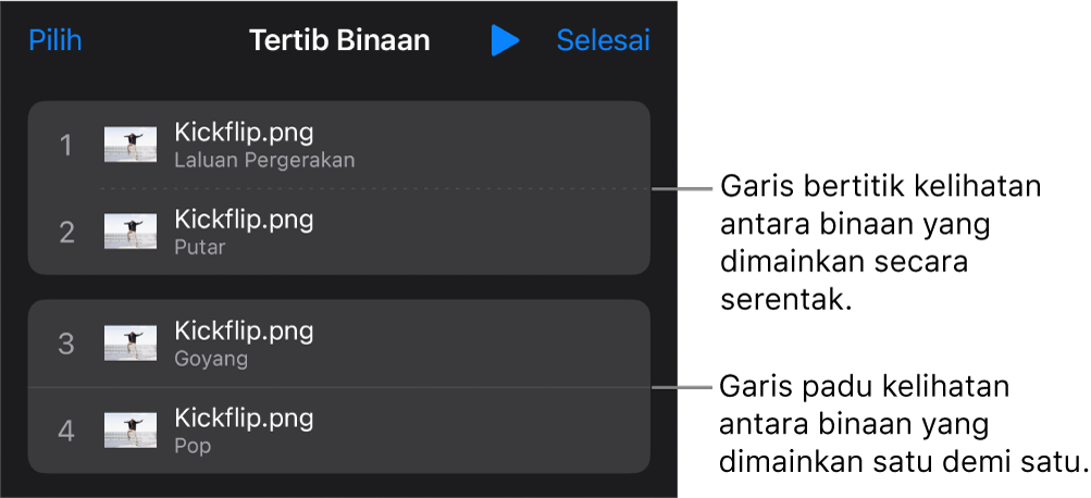 Menu Tertib Binaan, dengan garis bertitik kelihatan antara binaan yang dimainkan serentak dan garis padu antara binaan yang dimainkan satu demi satu.