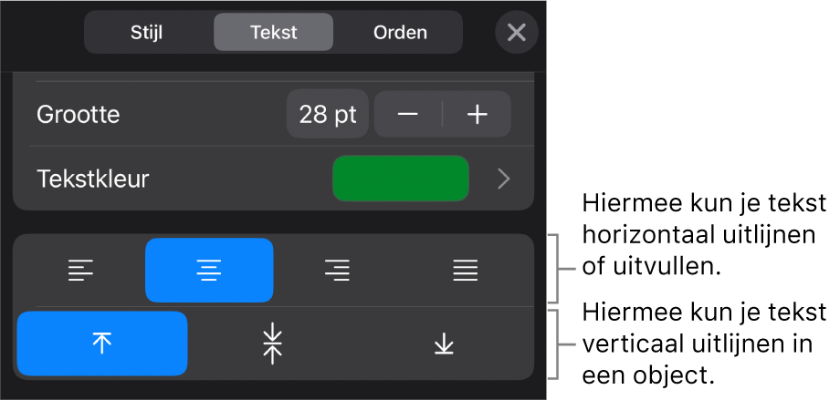 Het gedeelte 'Uitlijning' van de opmaakknop met uitleg bij tekstuitlijnknoppen.