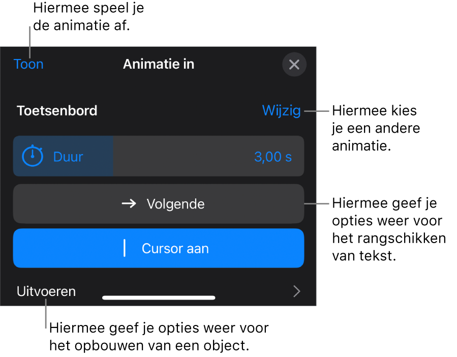 Je kunt opties instellen als 'Duur', 'Tekstanimatie' en 'Uitvoer'. Tik op 'Wijzig' om een andere animatie te kiezen. Tik op 'Toon' voor een voorvertoning van de animatie.