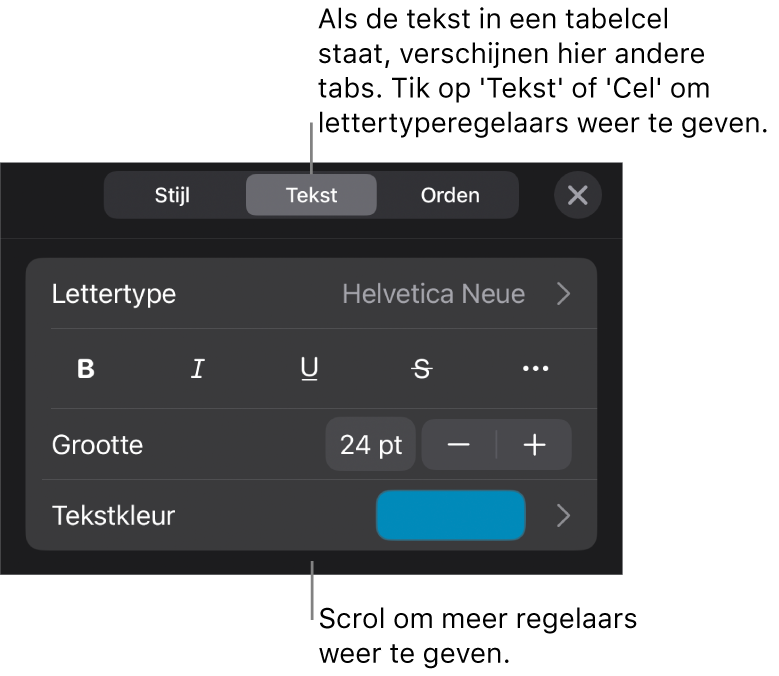 Tekstregelaars in het opmaakmenu voor het instellen van alinea- en tekenstijl, lettertype, lettergrootte en kleur.