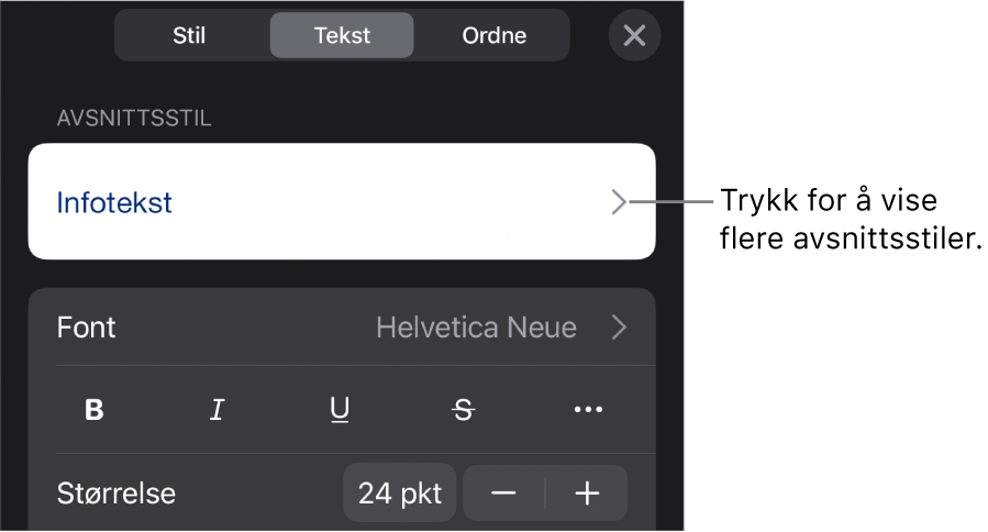 Format-menyen som viser tekstkontroller for å angi avsnitts- og tegnstiler, font, størrelse og farge.