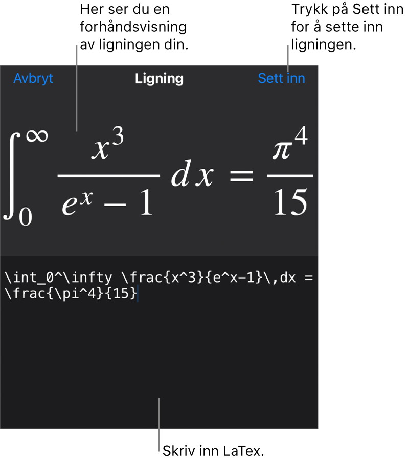 Ligning-dialogruten, som viser en formel skrevet med LaTex-kommandoer, og en forhåndsvisning av formelen ovenfor.